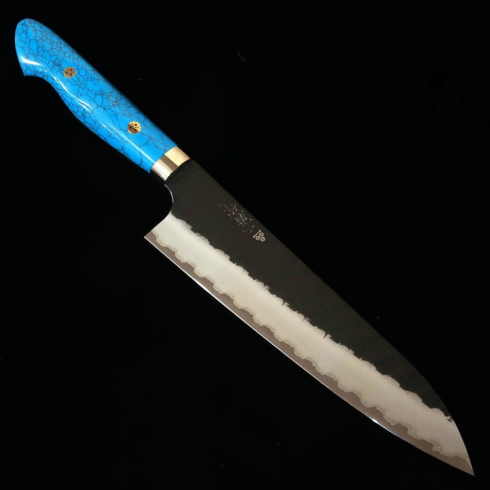 Couteau Chef Gyuto NIGARA – Acier SG2, Finition Kurouchi Martelée (Tsuchime), Manche en Turquoise (210/240 mm)