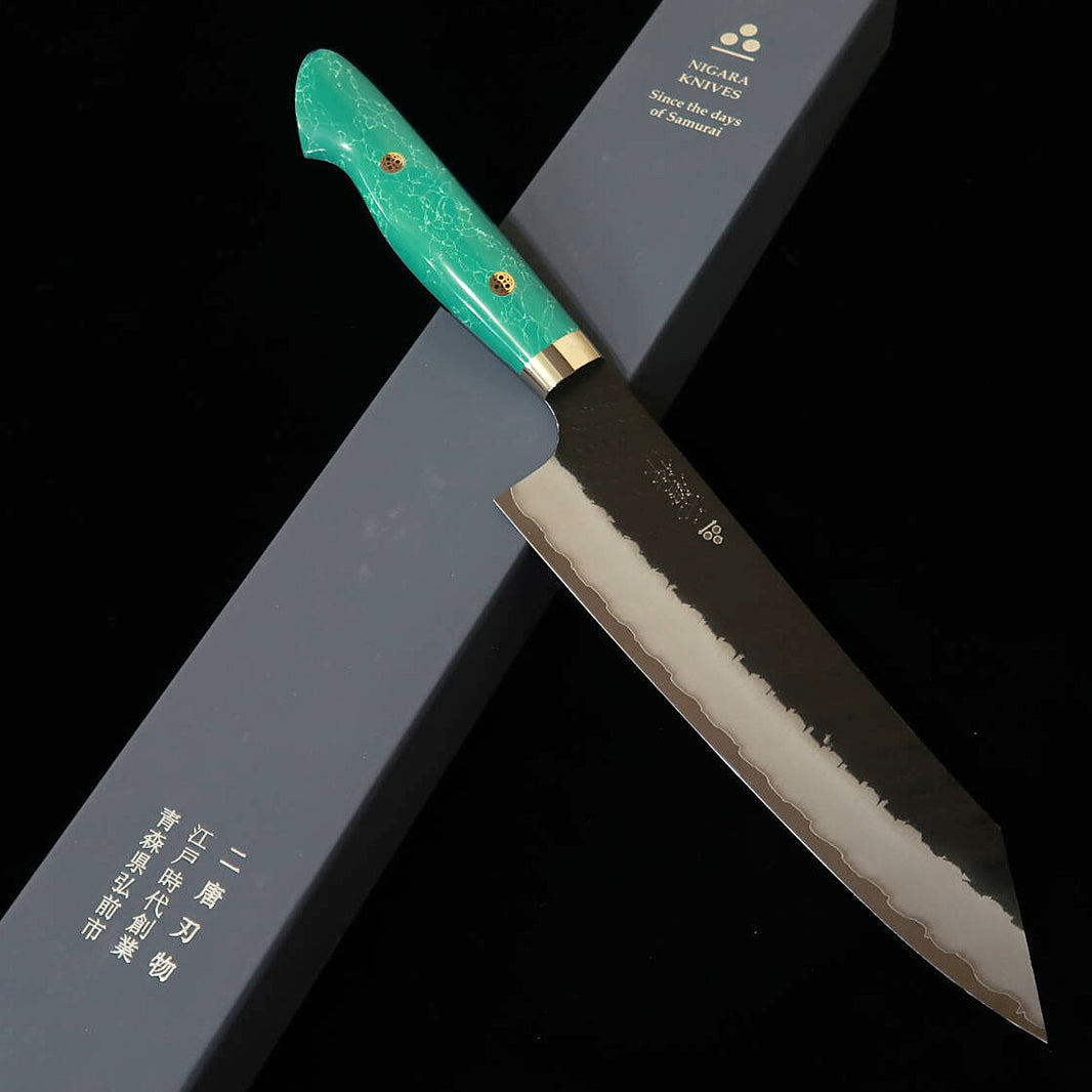 Couteau Chef Kiritsuke Gyuto NIGARA – Acier SG2, Finition Kurouchi Martelée (Tsuchime), Manche en Turquoise (210 mm)