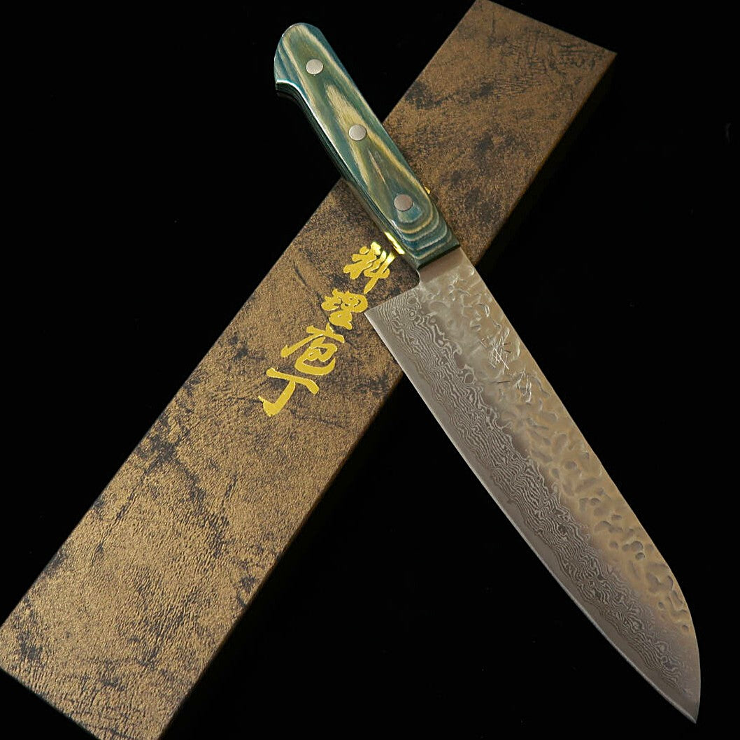 三浦 MIURA 三徳 AUS10 鎚目 ダマスカス 緑合板柄 (180mm)