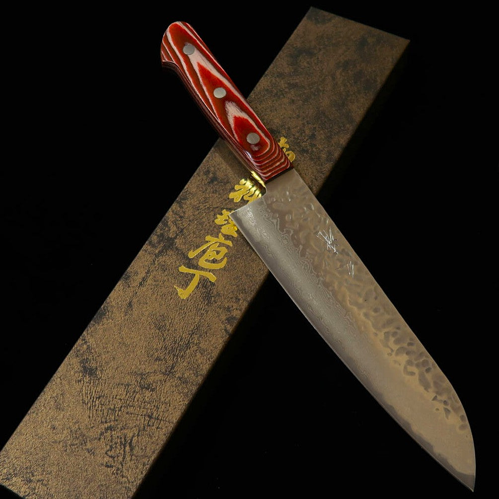三浦 MIURA 三徳 AUS10 鎚目 ダマスカス 赤合板柄 （180mm）