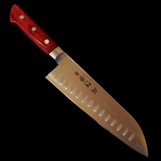 Couteau Santoku (multi-usages) Seki Souma, acier molybdène, finition alvéolée (dimple), manche en contreplaqué rouge (Pakkawood), (180mm)
