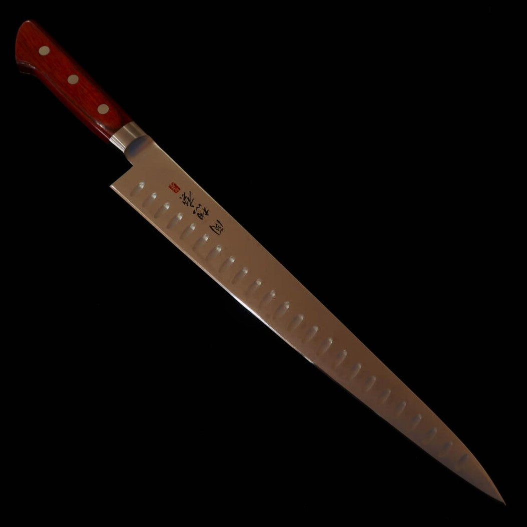 SEKI SOUMA faca sujihiki aço de molibdênio com alvéolos, cabo de laminado vermelho (240/270 mm)