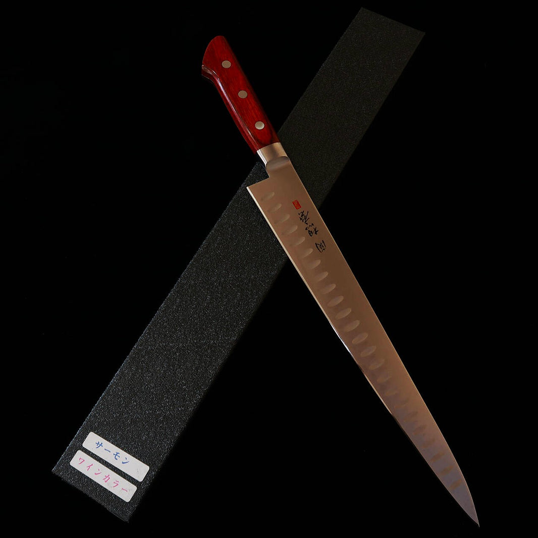 SEKI SOUMA faca sujihiki aço de molibdênio com alvéolos, cabo de laminado vermelho (240/270 mm)