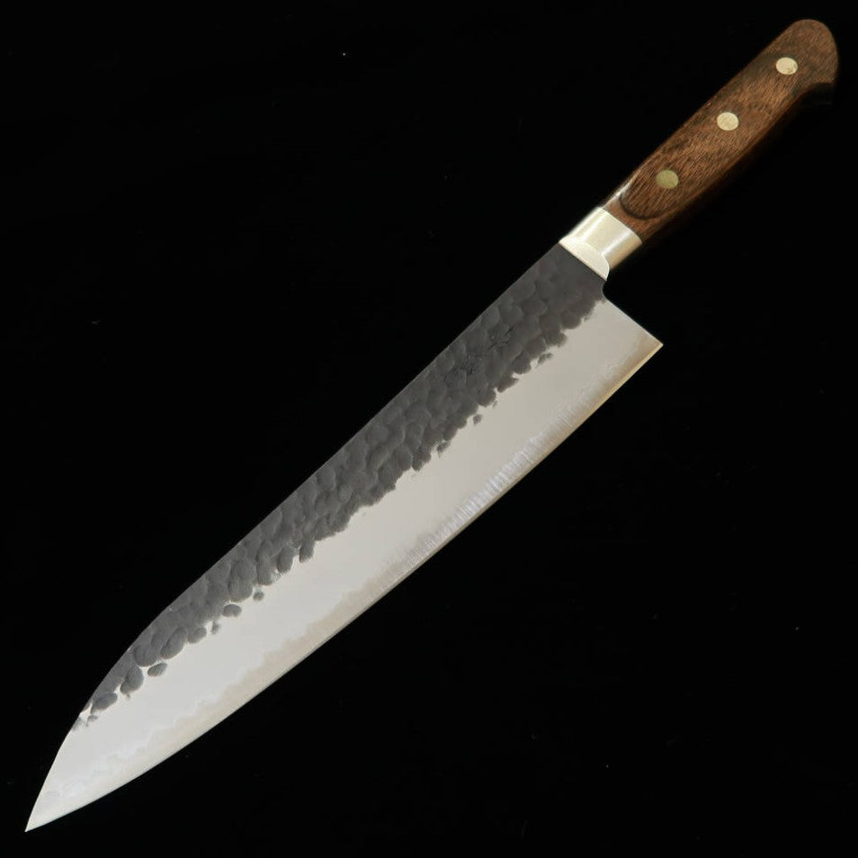 三浦 MIURA 牛刀 青紙スーパー 黒鎚目  鍔付焦茶ハンドル (210mm)