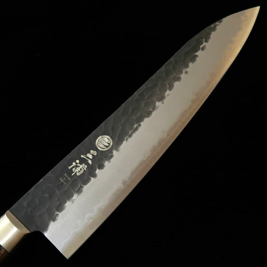 三浦 MIURA 牛刀 青紙スーパー 黒鎚目  鍔付焦茶ハンドル (210mm)