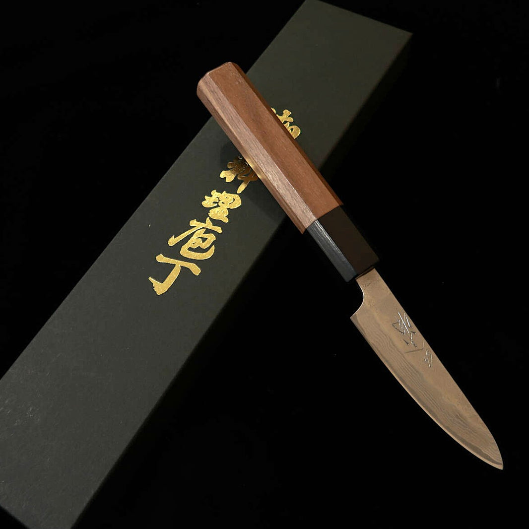 Miura Petty Knife, 440C Nickel Damascus 33 Layers, Tsuchime Walnut Handle (80mm)