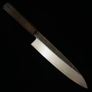 Shirasagi, gyuto de un solo bisel, acero Aogami #2, acabado negro forjado, martillado, mango integral de ébano (210 mm)