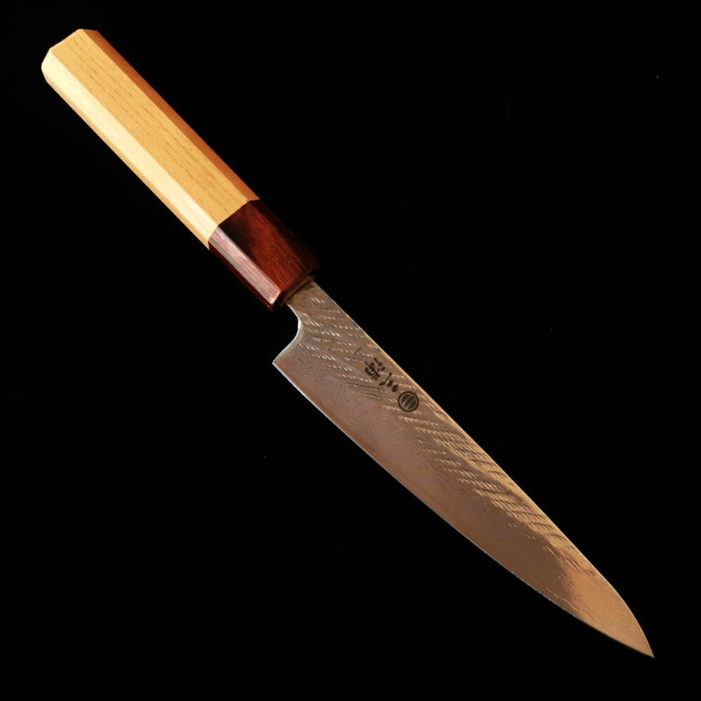 Petty MIURA Ginsan, acabado nawame, damasco, mango octagonal de madra de keyaki (135mm)