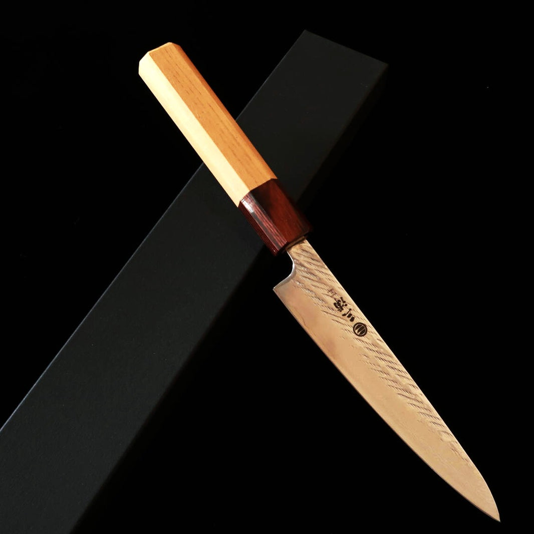 Petty MIURA Ginsan, acabado nawame, damasco, mango octagonal de madra de keyaki (135mm)