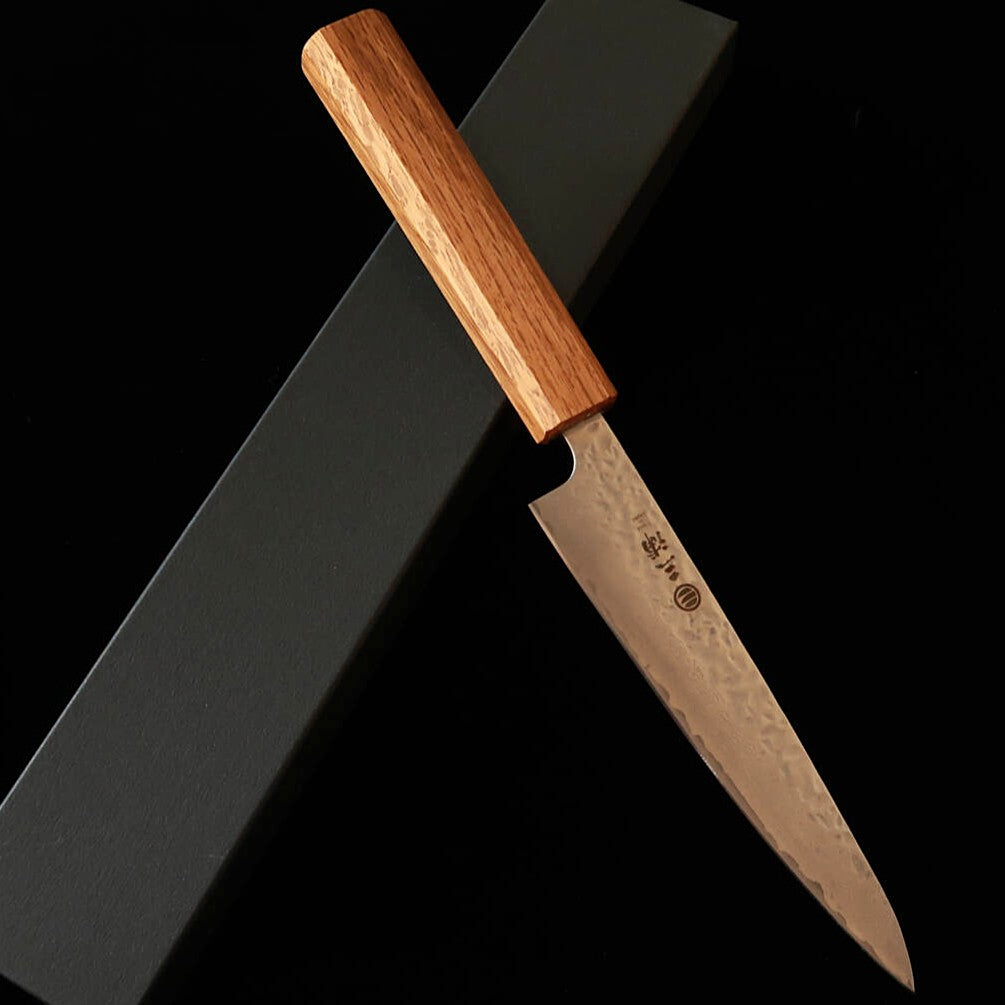 MIURA Petty, AUS10 (10A) Hammered Damascus with Clear Oak Octagonal Handle (135mm)