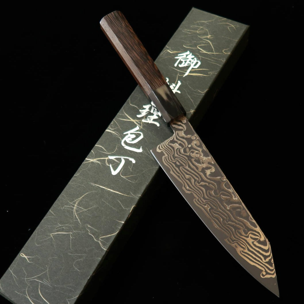 初心HATSUKOKORO 風船 切付三徳 銀紙三号 黒染めダマスカス ウェンジ八角柄（170mm）