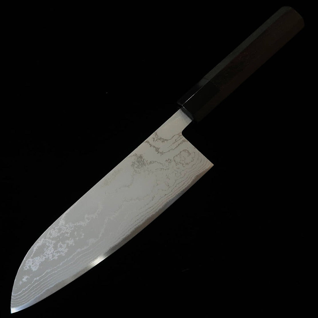 Couteau Santoku MIURA - Acier Shirogami (Acier Blanc), Damas, Manche Octogonal en Ébène (165 mm)