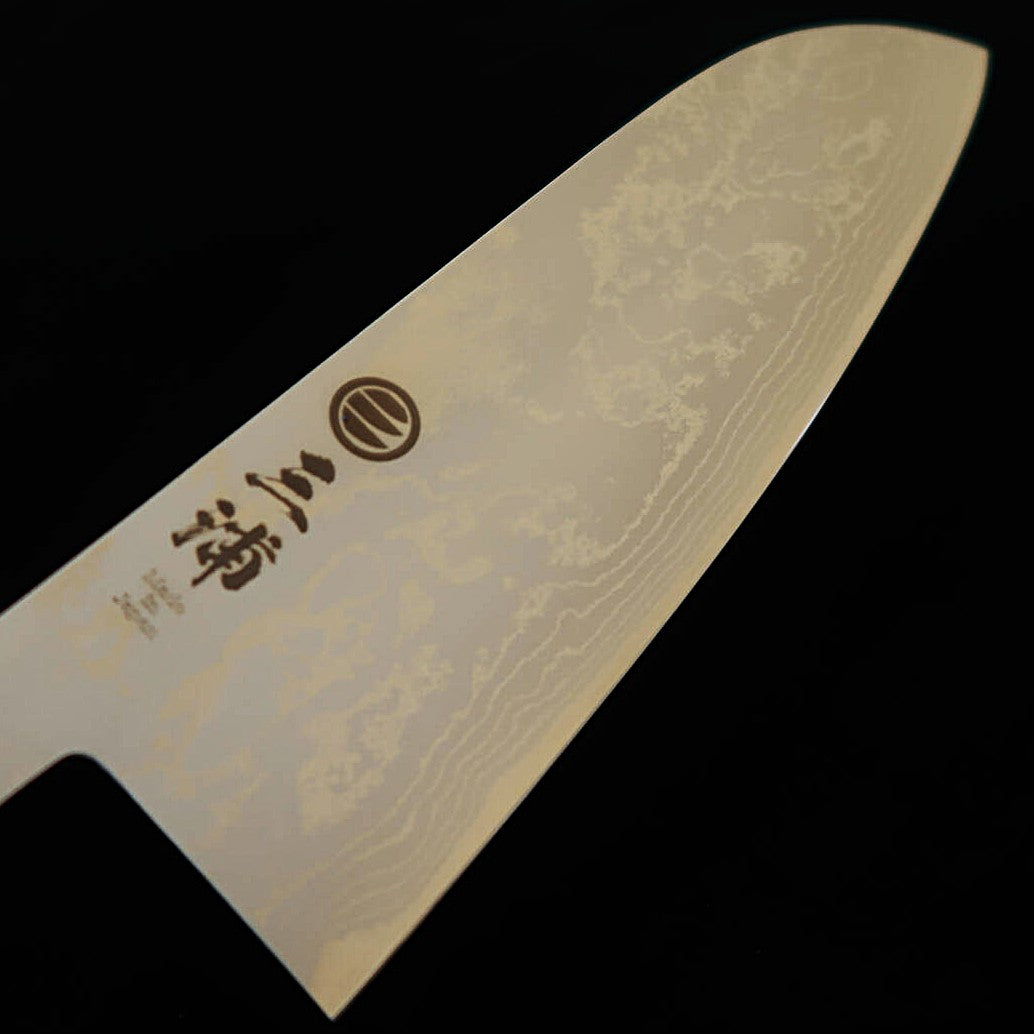 Couteau Santoku MIURA - Acier Shirogami (Acier Blanc), Damas, Manche Octogonal en Ébène (165 mm)
