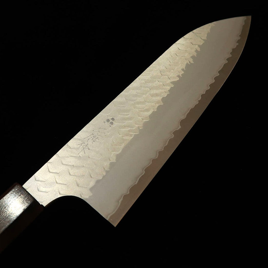 Nigara Hamono Nigara SG2 Polished Tsuchime Santoku with Ebony Octagonal Handle (180mm)