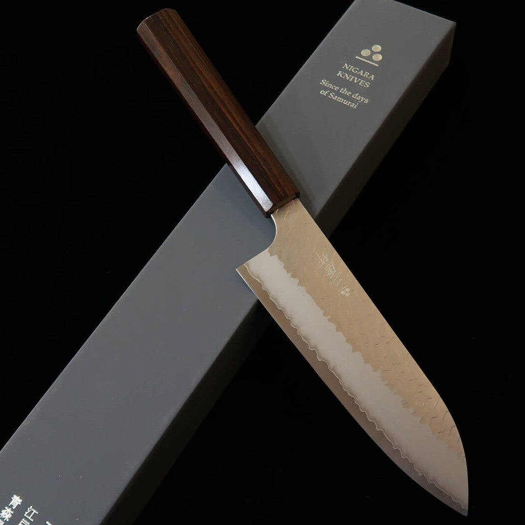 二唐刃物鍛造所 NIGARA SG2 磨き槌目 三徳 黒檀八角柄 (180mm)