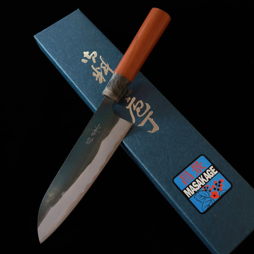 MASAKAGE Mizu Blue steel No. 2 Santoku with Kurouchi Finish and American Cherry Handle (170mm)