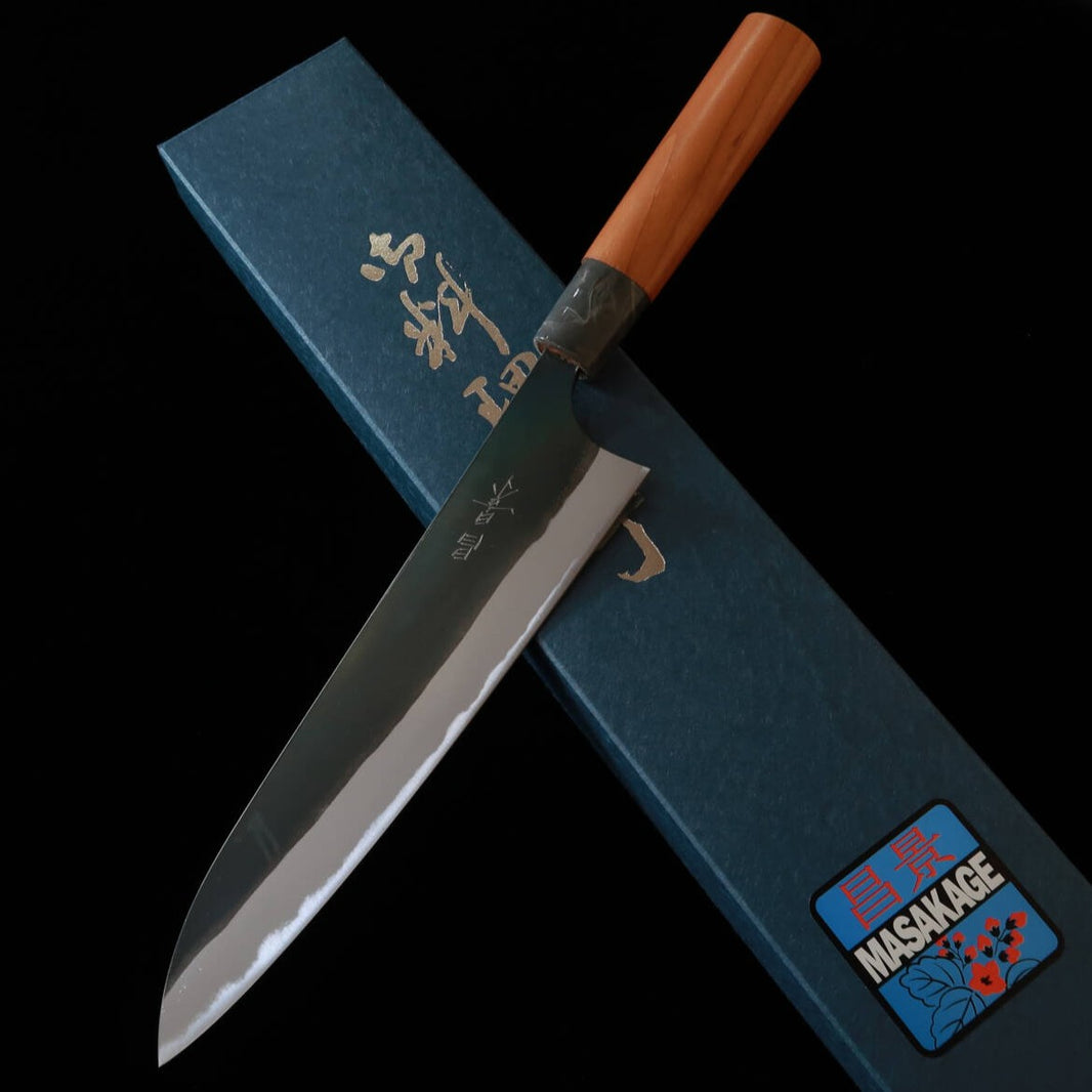 MASAKAGE Mizu Blue steel No. 2 Gyuto with Kurouchi Finish and American Cherry Handle (210mm)