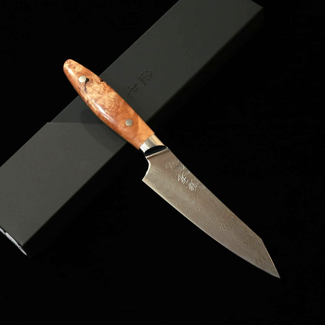 ENKYU Bunka Petty, Higurashi Series, SG2 Damascus with Quince Burl Handle (135mm)