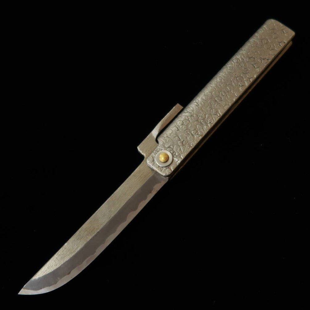 Tomita Sakuzo Higo Pocket Knife, Soft Iron Forged, Extra Large Sword Shape, File Finish with Paulownia Box and Pouch (90mm)