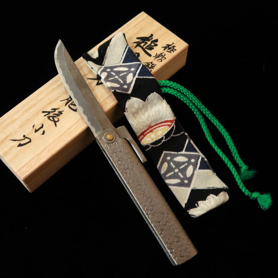 Tomita Sakuzo Higo Pocket Knife, Soft Iron Forged, Extra Large Sword Shape, File Finish with Paulownia Box and Pouch (90mm)