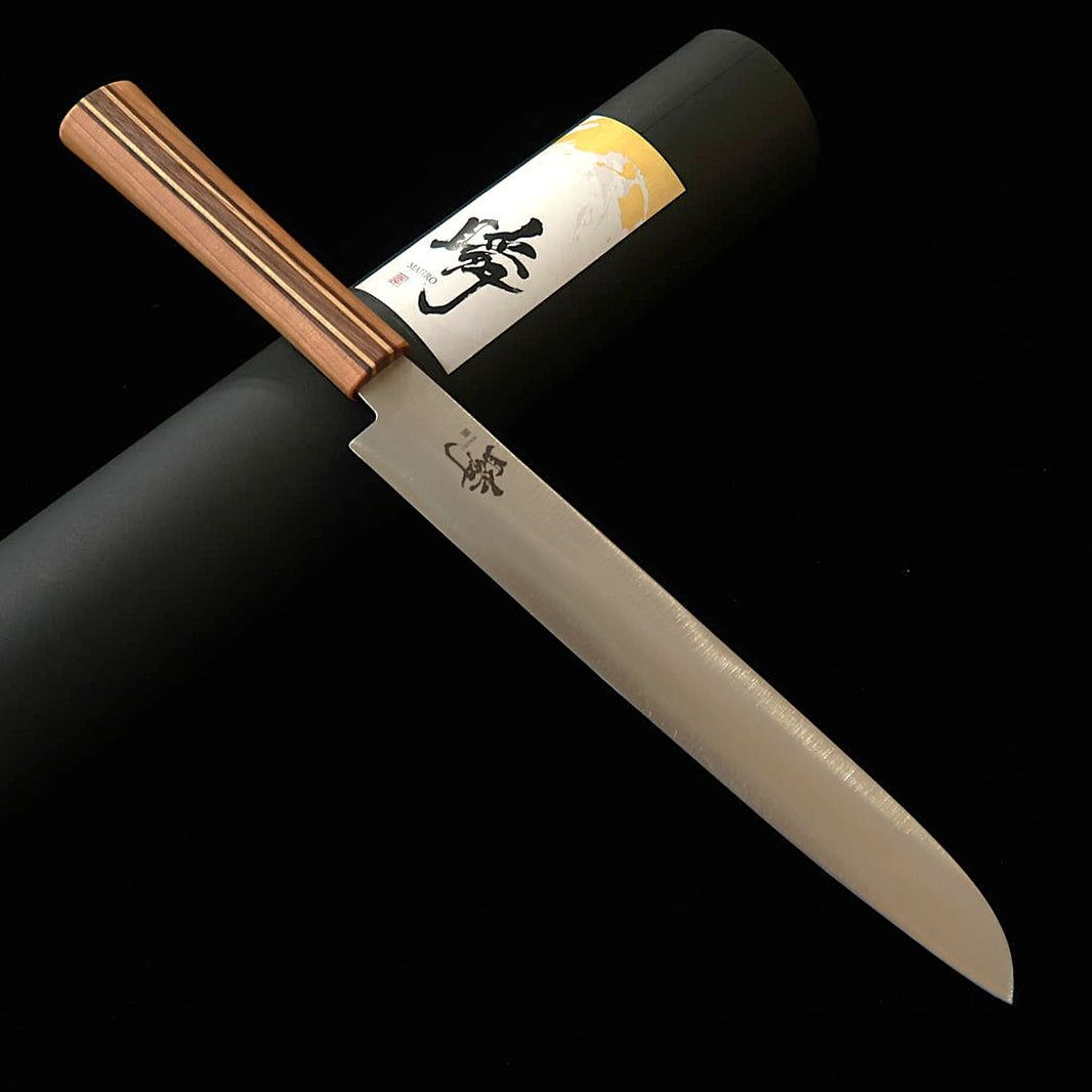 TANAKA Shigeki Majiro Forged Bread Knife, Ginsan (Silver #3), Maple/Cherry Blossom Walnut Handle (240mm)