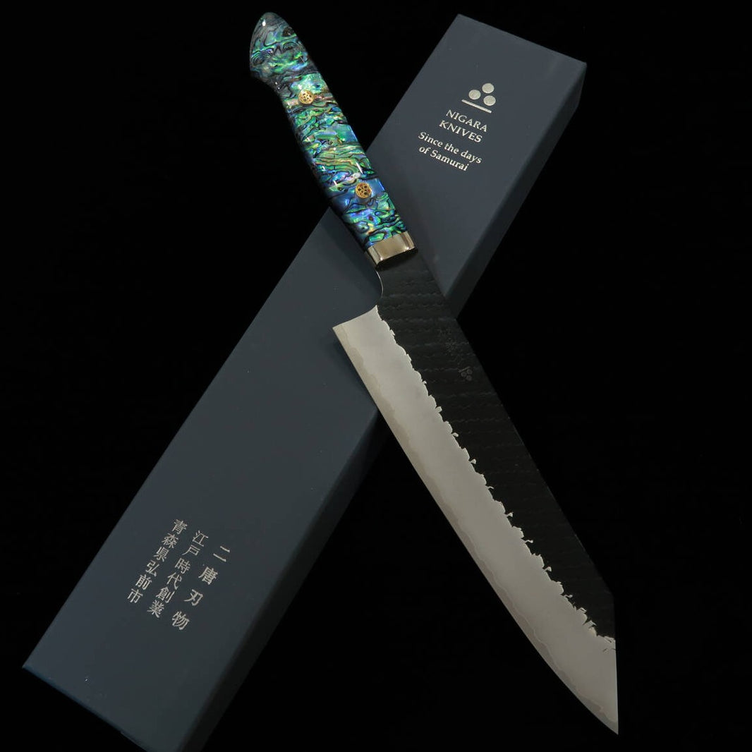 二唐刃物製造所 NIGARA 切付牛刀 SG2 黒打鎚目 螺鈿柄 (210mm)