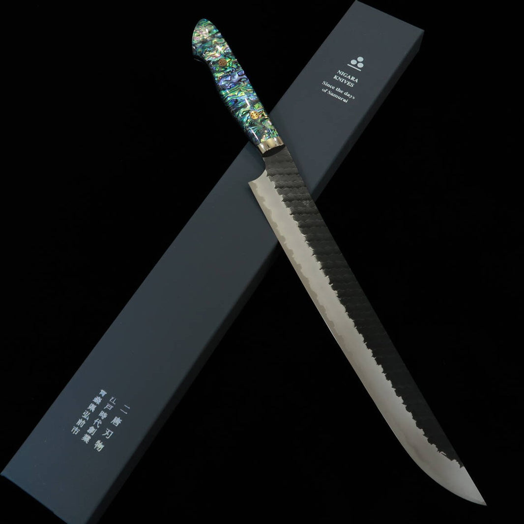 二唐刃物製造所 NIGARA 先丸筋引 SG2 黒打鎚目 螺鈿柄 (270/300mm)