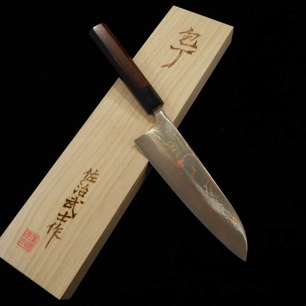 Takeshi Saji Aogami No. 2 Colored Damascus Santoku Rosewood Handle (180mm)