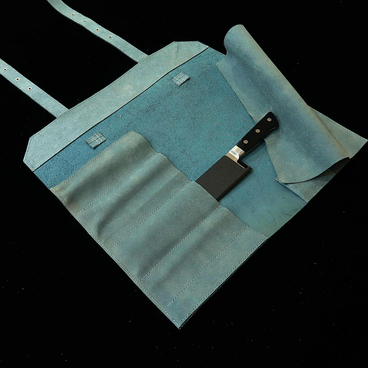 YOKU leatherworks, rollo de cuero para cuchillos, cuero flor azul, tipo bolso