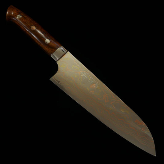 Takeshi Saji Aogami No. 2 Colored Damascus Santoku Ironwood Handle (180mm)