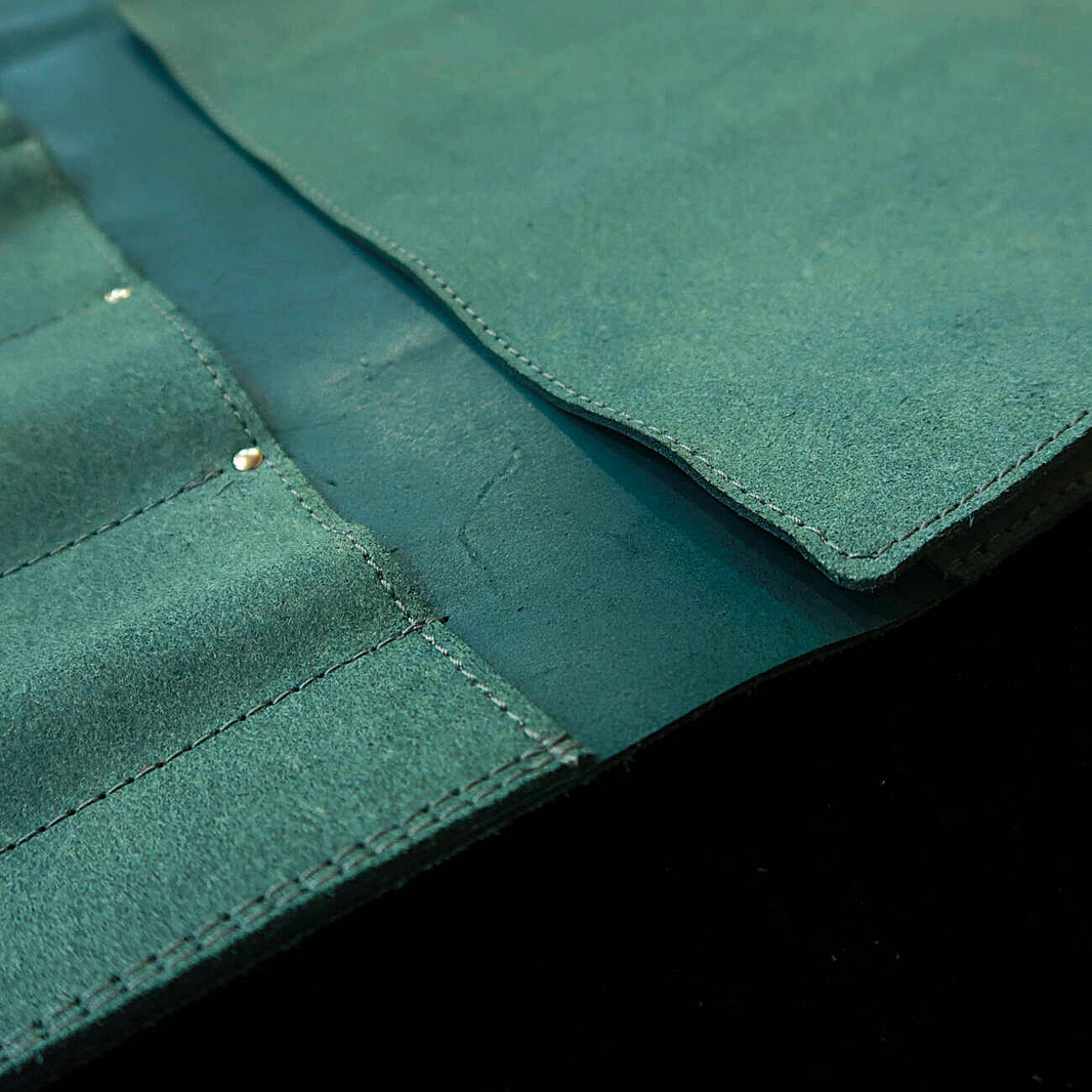 YOKU leatherworks estojo tipo rolo para facas couro dividido verde formato de bolsa