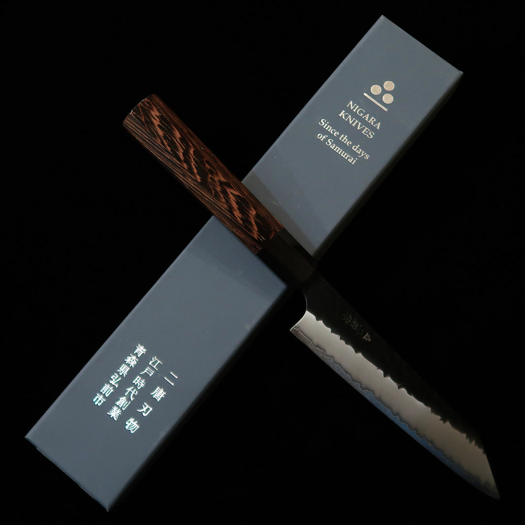 二唐刃物鍛造所 NIGARA 切付ペティ SG2 鎚目 黒打 ウェンジ八角柄（150mm）