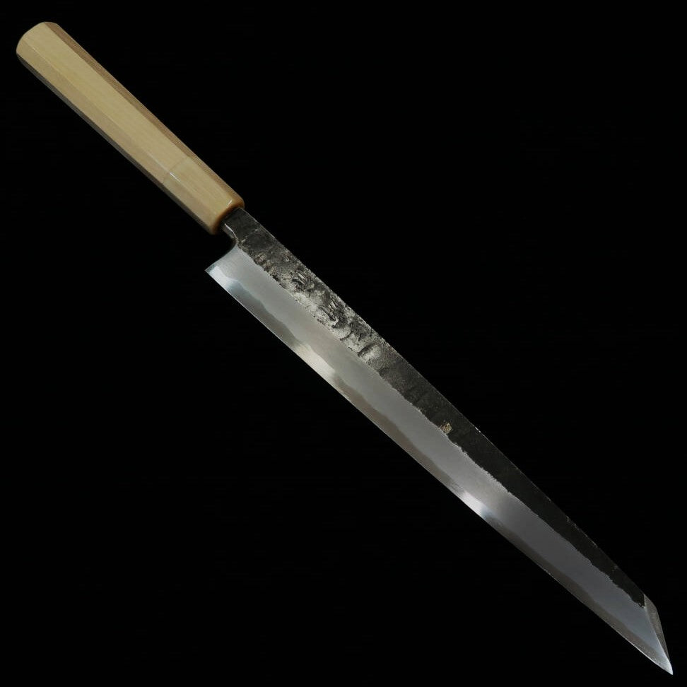 MIURA Itadaki Kirituke Yanagiba Aço Shirogami nº 2 Acabamento Kurouchi Cabo octogonal de búfalo branco (270/300mm)