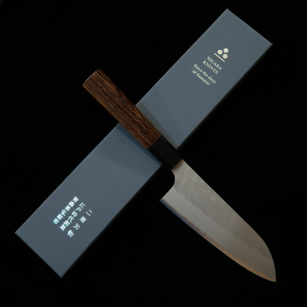 二唐刃物鍛造所 NIGARA 三徳 青紙スーパー 鎚目 ウェンジ八角柄（180mm）