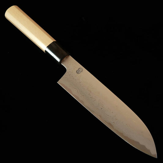 堺菊守 SAKAI KIKUMORI Kikugetsu Uzu Santoku Aogami No. 1 Damascus com cabo octagonal de madeira Ho (180mm)