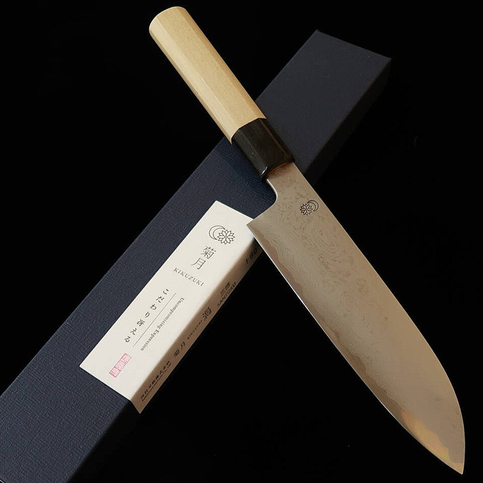 SAKAI KIKUMORI Kizuki Uzumaki Santoku, Aogami No. 1 Damascus with Octagonal Magnolia Handle (180mm)