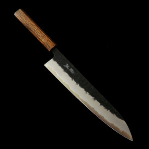 HADO Gyuto, Okina-ryu series, Super Blue Stainless Clad, Black-Stained, Pear-Skin Finish with Black Oak Handle (240mm)
