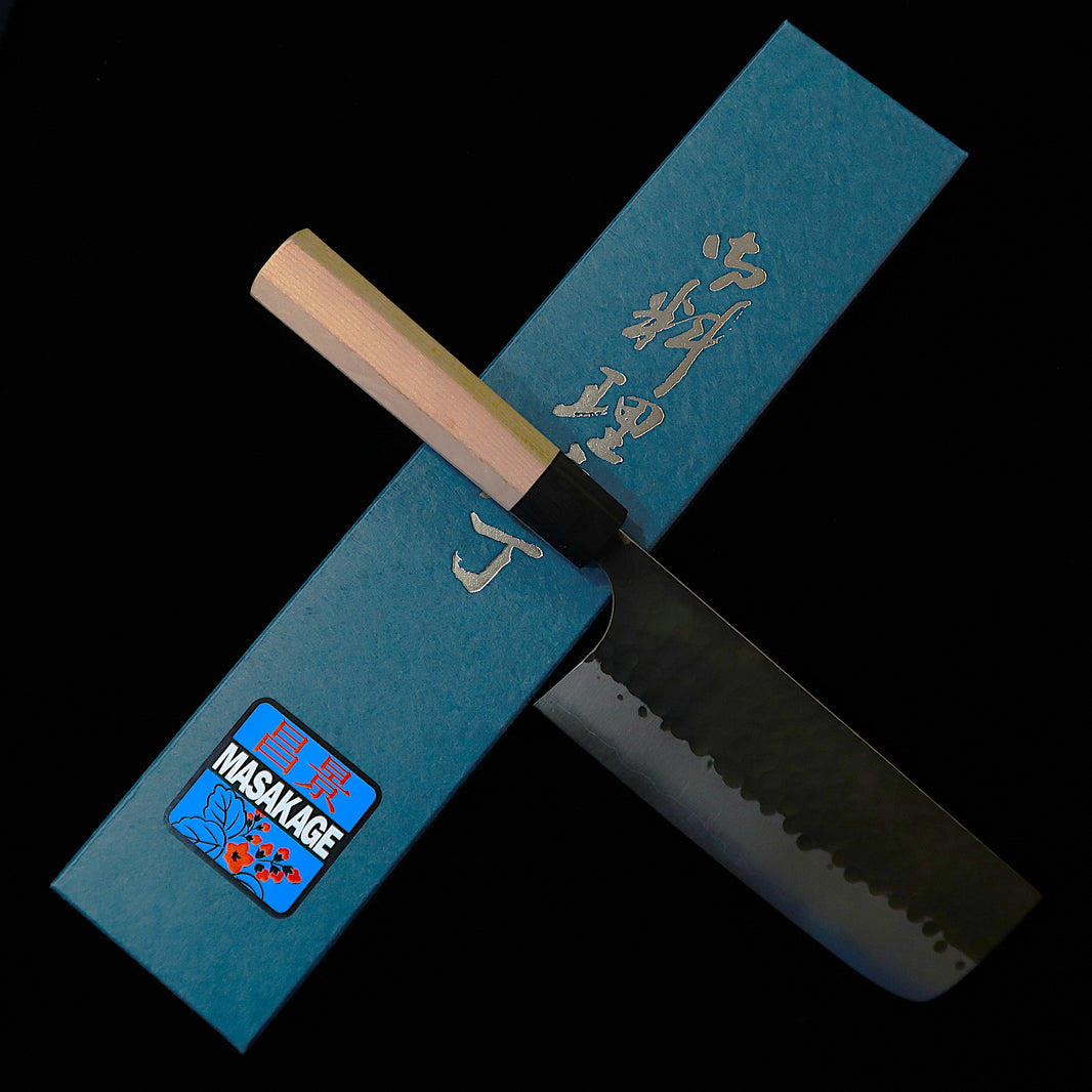 Nakiri MASAKAGE Pebble, Aogami Super, Hammered finish, Black, American Cherry Handle (165mm)