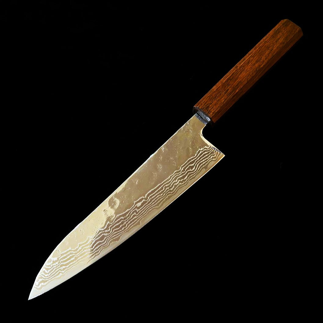 Couteau de chef (Gyuto) HADO Ohryu - Acier 440C, Finition martelée Damas - Manche en chêne brûlé (180 mm)