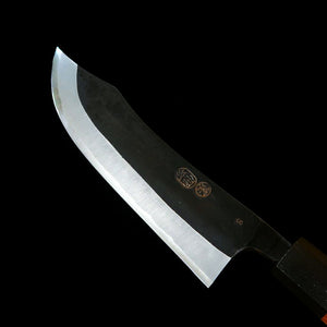 IKENAMI HAMONO 池浪刃物 Shirogami #1 acero blanco, sanmai inoxidable, mango de roble, cuchillo para despiece de ciervo (150/180 mm)