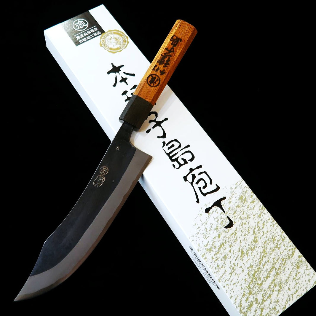 IKENAMI HAMONO 池浪刃物 Shirogami #1 acero blanco, sanmai inoxidable, mango de roble, cuchillo para despiece de ciervo (150/180 mm)