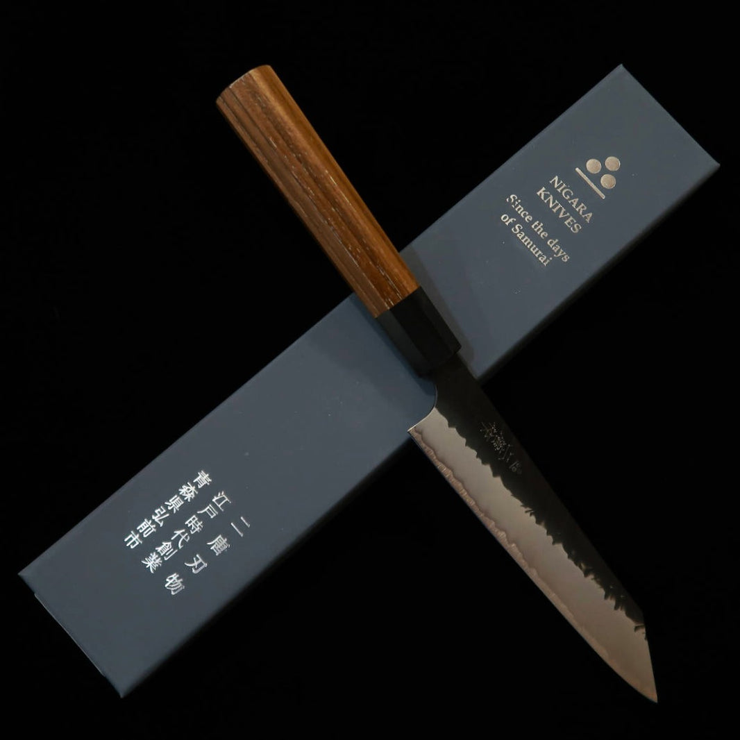二唐刃物鍛造所 NIGARA 切付ペティ SG2 鎚目 黒打 チーク八角柄（150mm）
