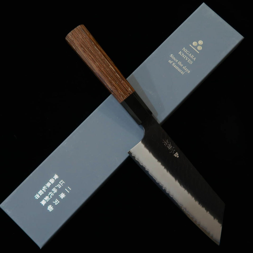 二唐刃物鍛造所 NIGARA 切付菜切 SG2 鎚目 黒打 ウェンジ八角柄 （180mm）