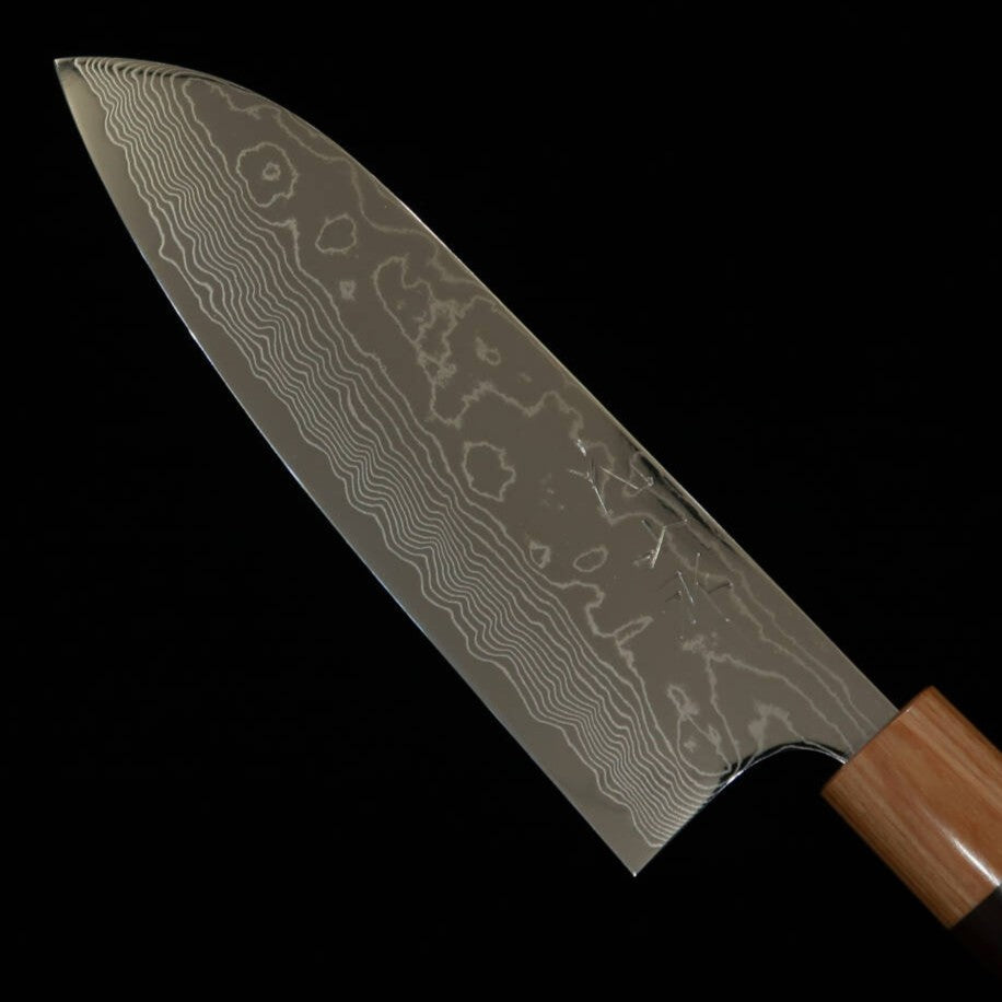 Yuta Katayama VG10 Damascus Polished Santoku Knife with Rosewood Chestnut Handle (170mm)