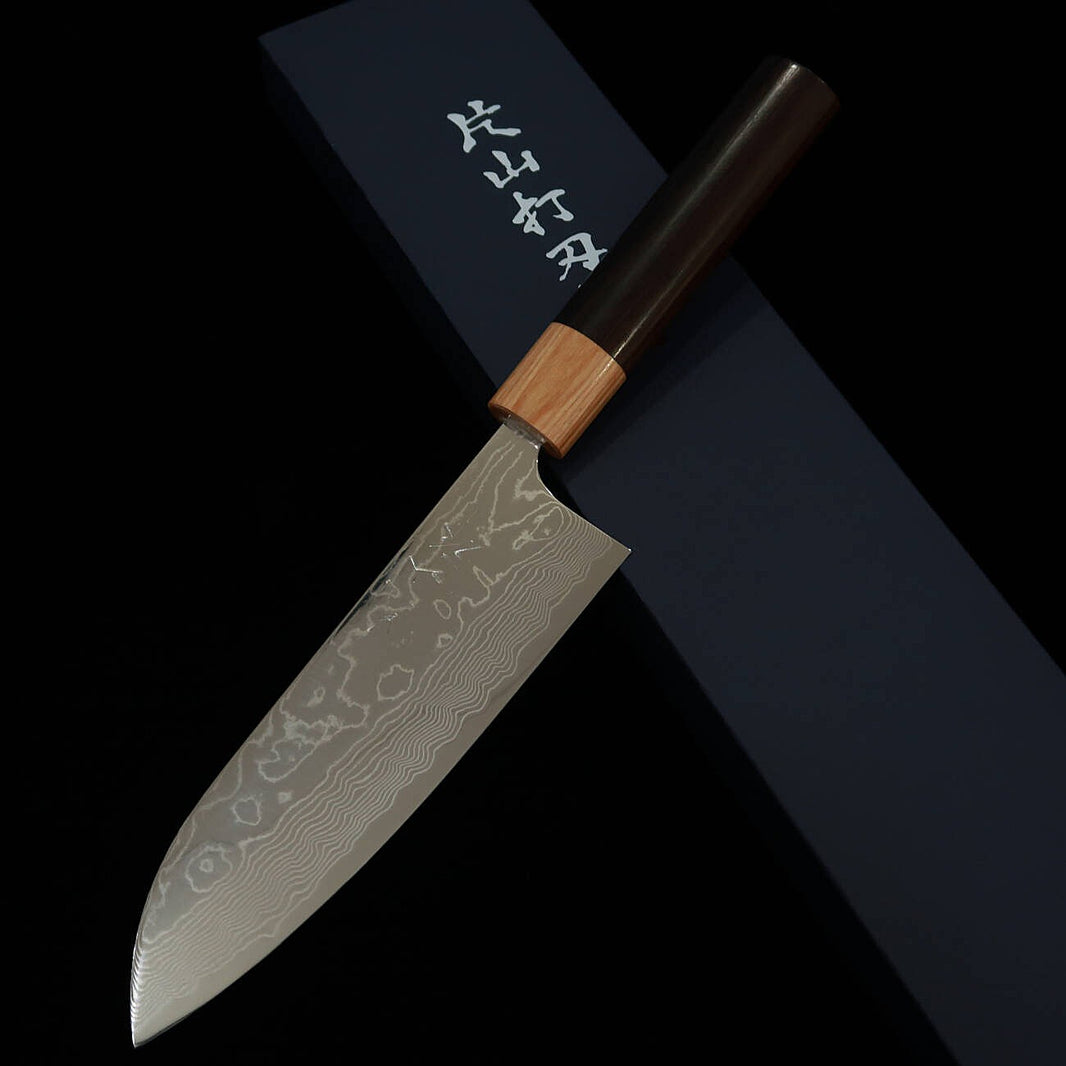 Yuta Katayama VG10 Damasco Acabamento Polido Santoku Cabo de Ébano Roxo em formato de castanha (170mm)