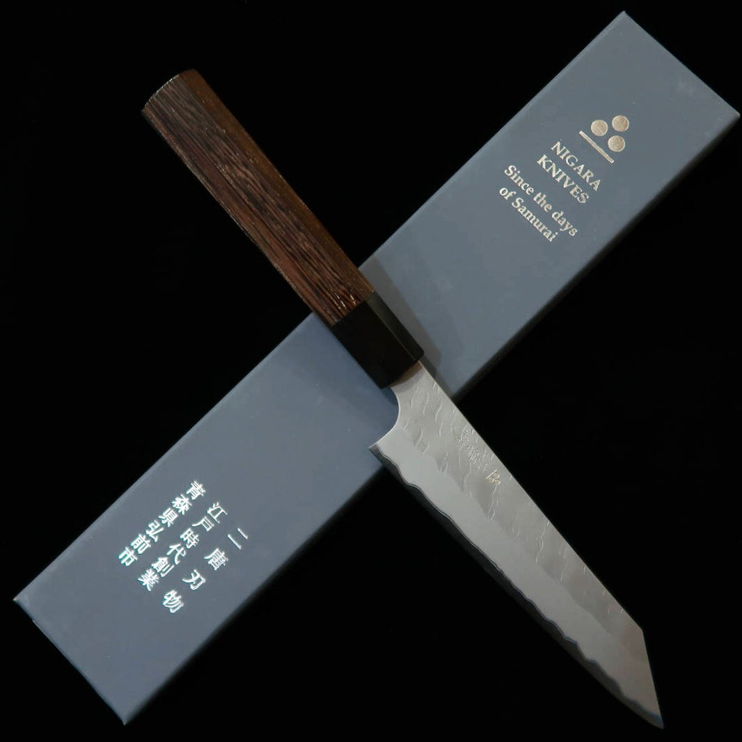 二唐刃物鍛造所 NIGARA 切付ペティ 青紙スーパー 鎚目 ウェンジ八角柄（150mm）