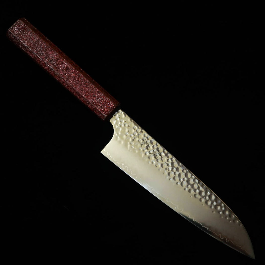 SEKIKANETSUGU Seki Kanetsugu – Shiun Santoku VG10, martelado, padrão vermelho, cabo octogonal em carvalho laqueado (170 mm)