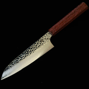 SEKIKANETSUGU Seki Kanetsugu – SHIUN Shiun, santoku VG10, martelé, manche octogonal en chêne laqué rouge « Monaka » (170 mm)