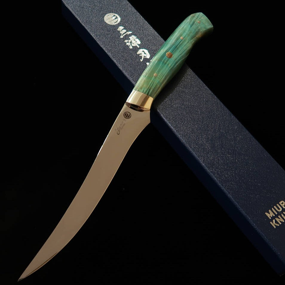 Asurah Knives × Miura MIURA SUS420J2 acabamento espelhado cabo customizado verde faca filé (160 mm)