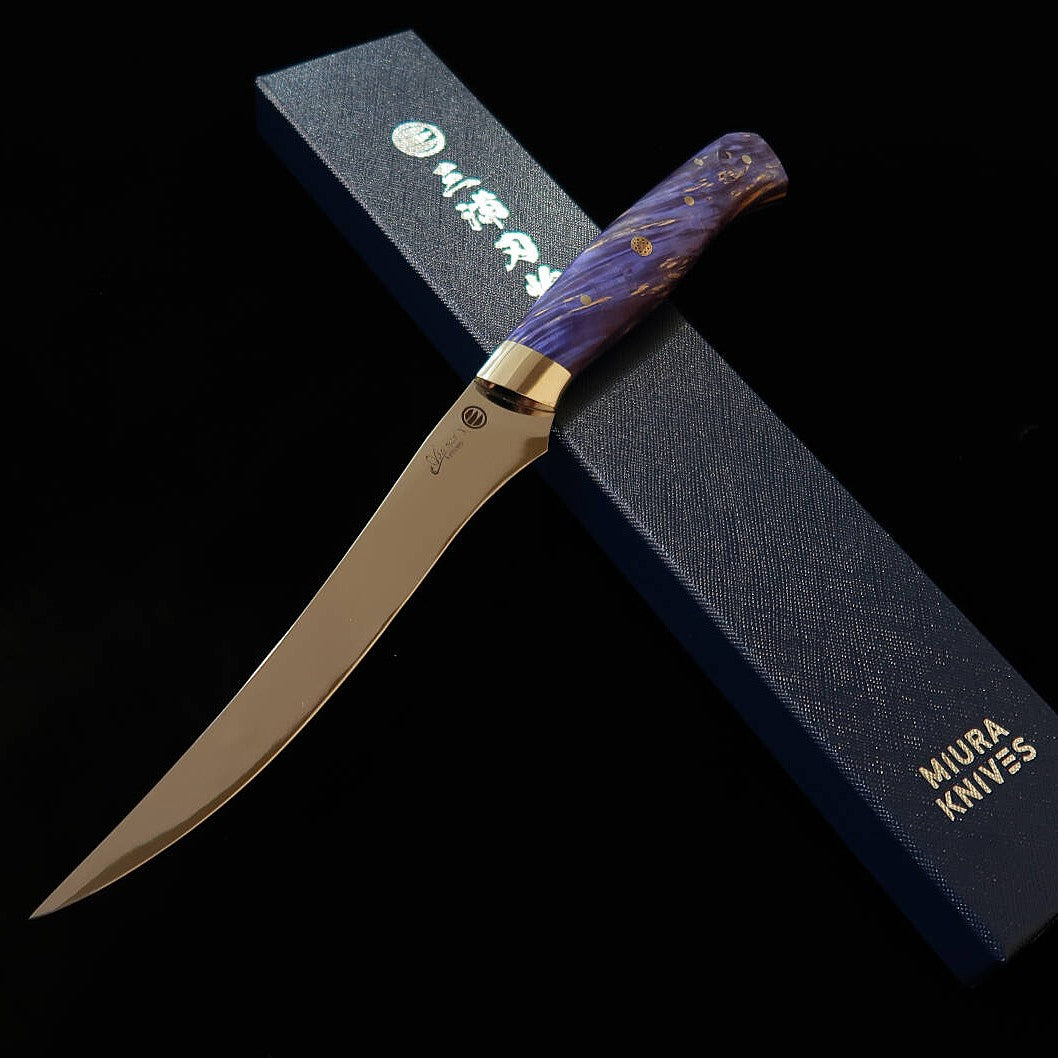 Asurah Knives × Miura MIURA SUS420J2 Acabamento espelhado Cabo customizado azul Faca filé (160 mm)